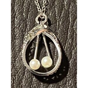 Artisan CFC 925 Sterling Silver 2 Mini Pearl Dangle Teardrop Ribbon Necklace 18"
